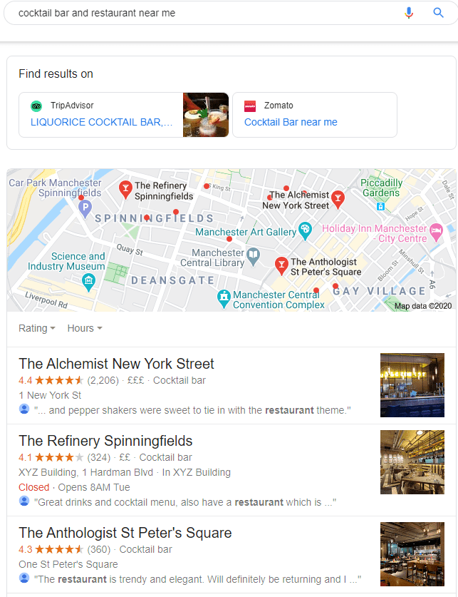 search engine result page for cocktail bar and restaurant near me